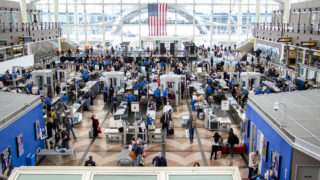 TSA's security check at Denver International Airport on a very snowy day, Oct. 29, 2019. (Kevin J. Beaty/Denverite)