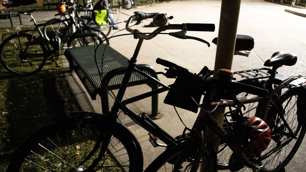 Bikes parked outside of Steele Elementary School during a public meeting about bike lanes on South Marion Parkway, Nov. 7, 2019. (Kevin J. Beaty/Denverite)