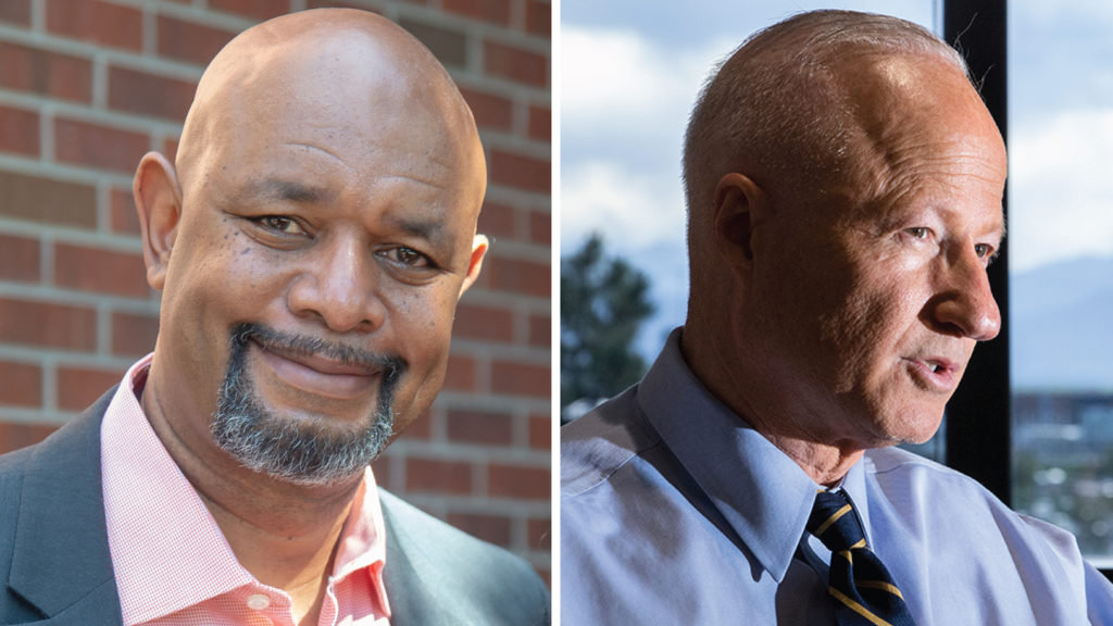 Aurora mayoral candidates Omar Montgomery (left) and Mike Coffman. (Courtesy photo and photo by Kevin J. Beaty/Denverite)
