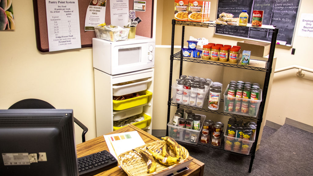 The supply shelf at the Roadrunner Food Pantry at Metro State University's Tivoli Student Union. Nov. 7, 2019. (Kevin J. Beaty/Denverite)