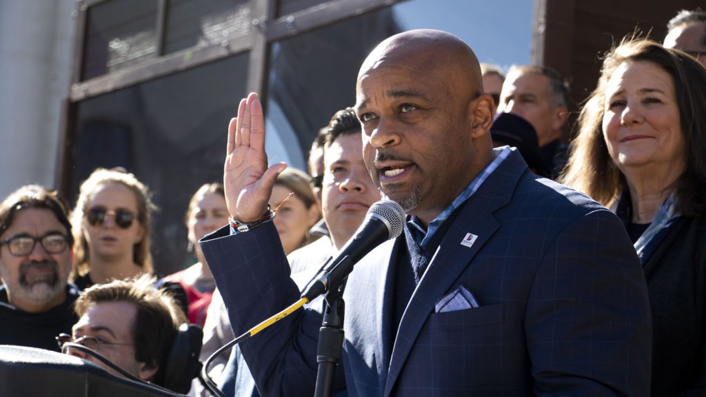 Mayor Michael Hancock speaks during a rally on the City and County Building Steps in support of the Deferred Action for Childhood Arrivals program, known as DACA, that will go before the U.S. Supreme Court in a few short days. Nov. 8, 2019. (Kevin J. Beaty/Denverite)