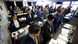 Denver Police Academy cadets stand during a class early in their training, Nov. 13, 2019. (Kevin J. Beaty/Denverite)