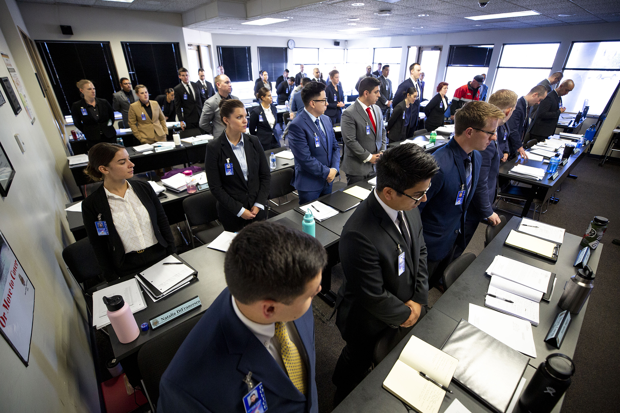 Denver Police Academy cadets stand during a class early in their training, Nov. 13, 2019. (Kevin J. Beaty/Denverite)