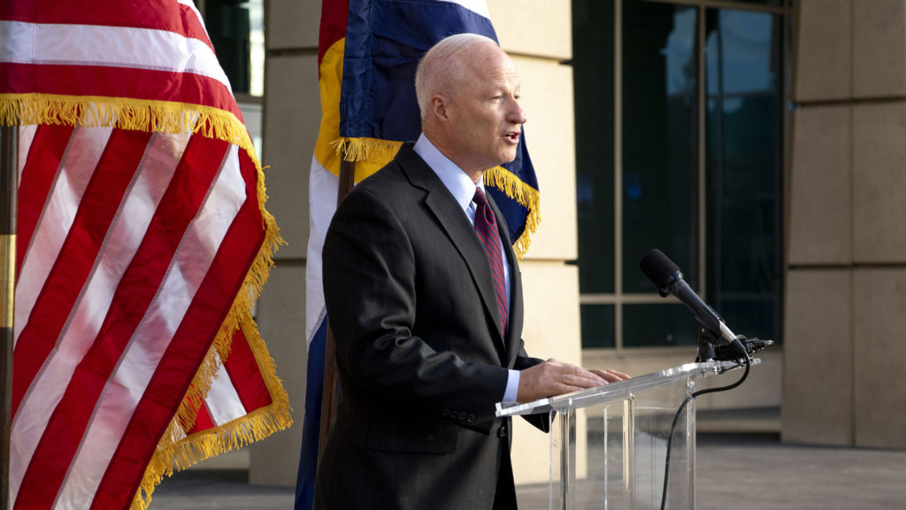 Mike Coffman makes a victory speech for his run at the Aurora mayor's office on the steps of the city's municipal building. Nov. 14, 2019. (Kevin J. Beaty/Denverite)