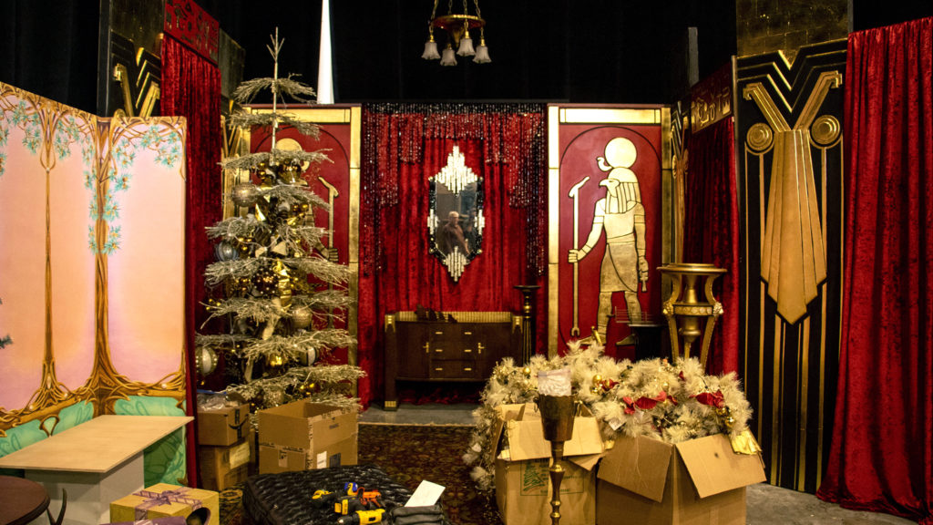 Lonnie Hanzon's "Camp Christmas" under construction at Stanley Marketplace. Nov. 15, 2019. (Kevin J. Beaty/Denverite)