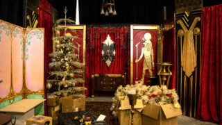 Lonnie Hanzon's "Camp Christmas" under construction at Stanley Marketplace. Nov. 15, 2019. (Kevin J. Beaty/Denverite)