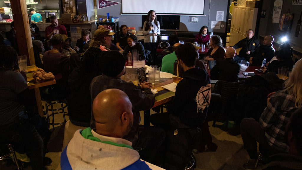 District 9 City Councilwoman Candi CdeBaca holds a meeting on homelessness at Jack Rabbit Slims in Cole, Nov. 21, 2019. (Kevin J. Beaty/Denverite)