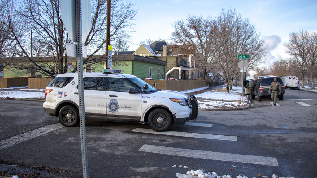 Denver Police wrap up on Humboldt Street after a standoff with a suspect near Cole Arts and Sciences Academy. Nov. 22, 2019. (Kevin J. Beaty/Denverite)