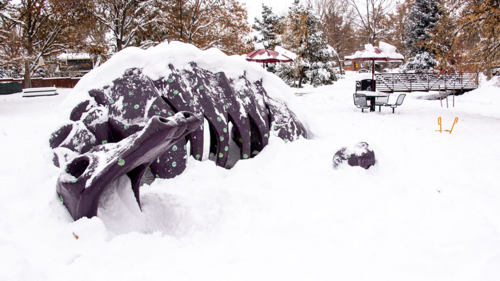 A concrete dragon by John Sutton at McWilliams Park in University Park, Nov. 26, 2019. (Kevin J. Beaty/Denverite)
