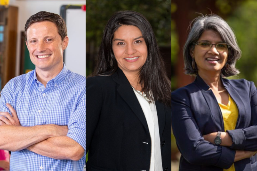 Scott Baldermann, Diana Romero Campbell, and Radhika Nath are seeking the District 1 seat on the Denver school board. (Courtesy photos)