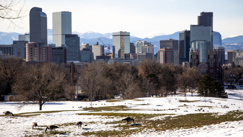 A view of Denver from City Park Golf Course's clubhouse, Dec. 3, 2019. (Kevin J. Beaty/Denverite)