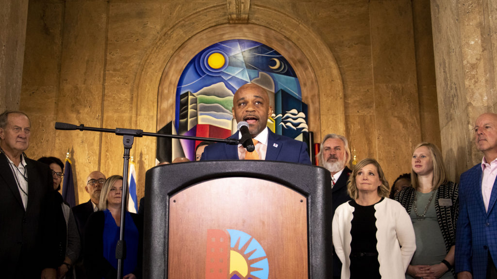 Mayor Michael Hancock announces improvements to services for people experiencing homelessness. Dec. 4, 2019. (Kevin J. Beaty/Denverite)