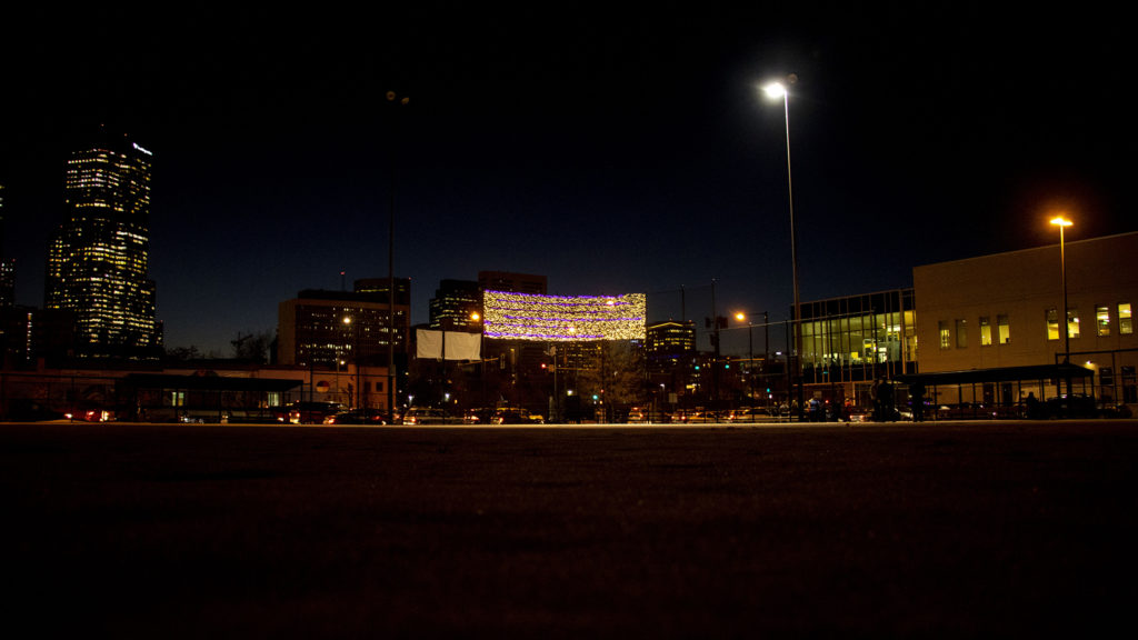 Lights above Sonny Lawson Park in Five Points represent people counted in the 2019 annual Point In Time survey of homelessness in Denver. Dec. 4, 2019. (Kevin J. Beaty/Denverite)