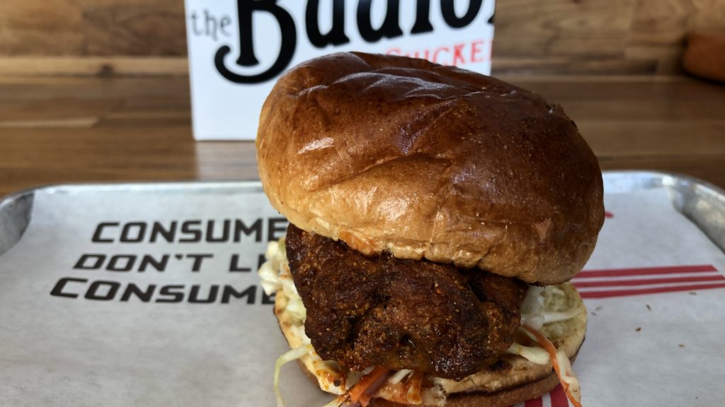 A hot chicken sandwich from The Budlong Hot Chicken at Zeppelin Station. The Budlong Hot Chicken will be one of the tenants in the planned Freedom Street food hall.(Paul Albani-Burgio/for Denverite)