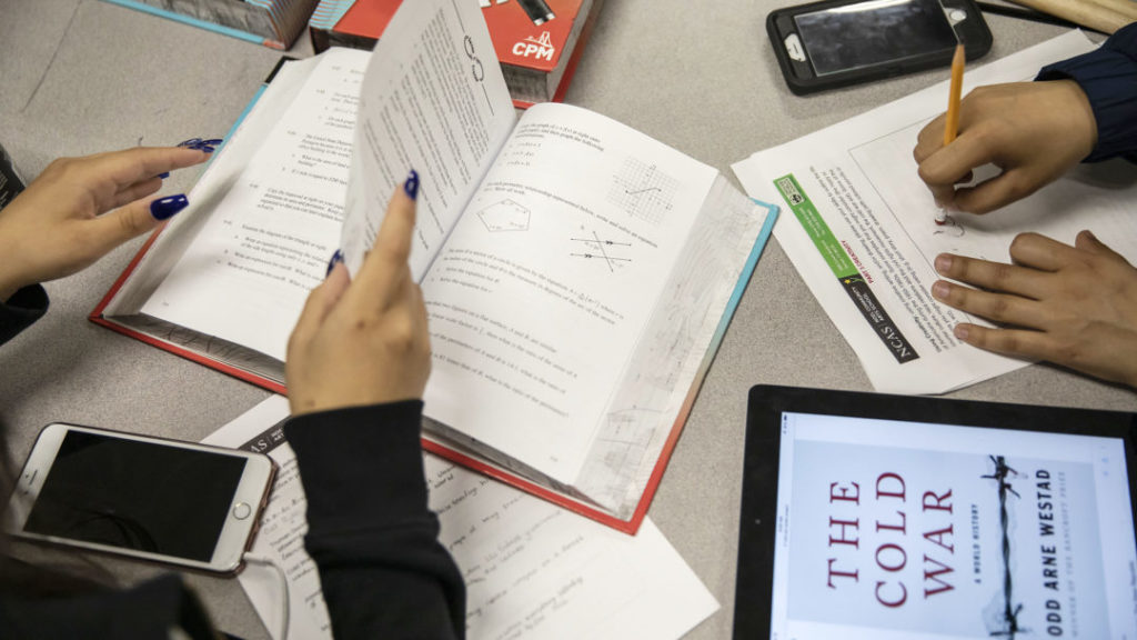 Noel Community Arts School students work through assigned classwork during a study period at the Denver school. May 2019. (Nathan W. Armes/Chalkbeat)