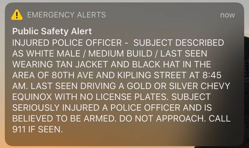 A screenshot of an emergency alert sent Wednesday, Dec. 18, in Denver. (Francie Swidler/CPR News)