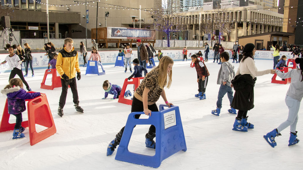 The seasonal skating rink off the 16th Street Mall on a relatively warm Saturday. Jan. 4, 2020. (Kevin J. Beaty/Denverite)