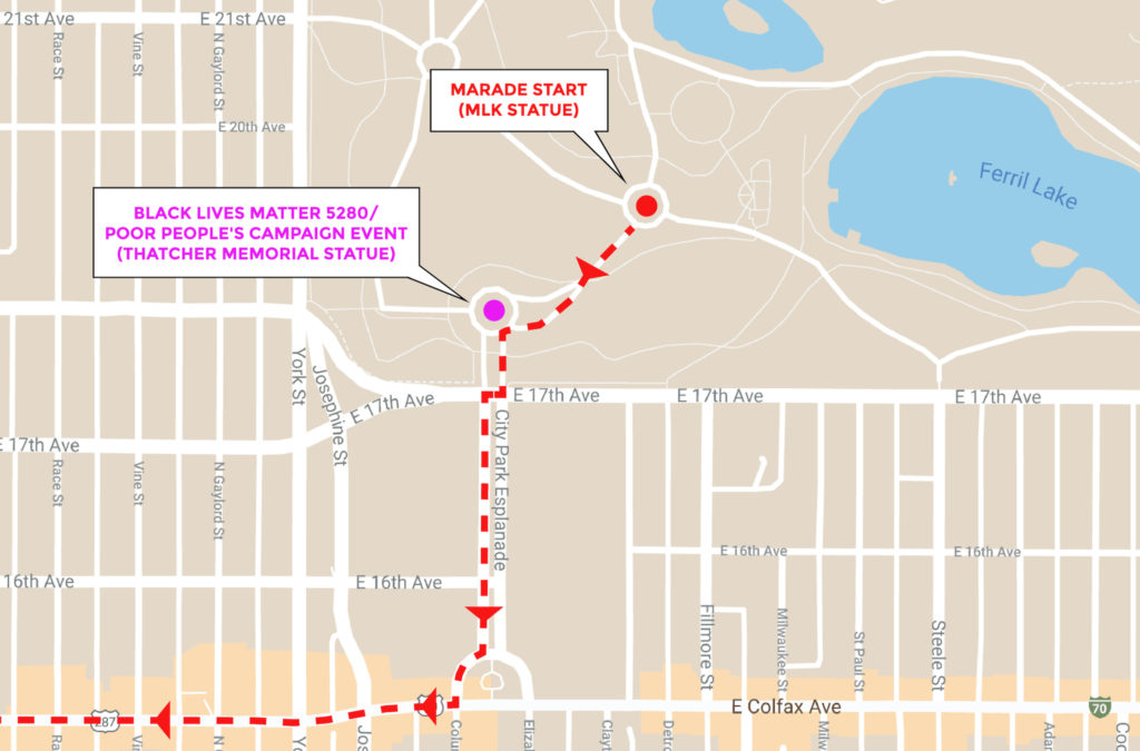 The route of the 2020 Martin Luther King Jr. Marade and the location of a Black Lives Matter 5280 event in City Park.