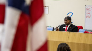 Tay Anderson at his first Denver School Board meeting as an elected official, Jan. 23, 2020. (Kevin J. Beaty/Denverite)