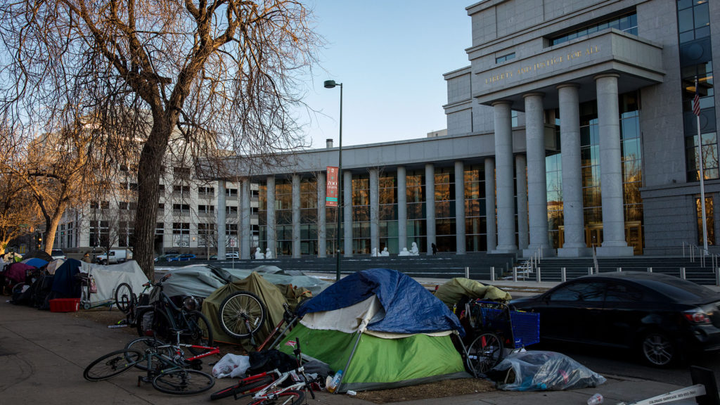 A tent encampment in Denver's Civic Center Park in front of the Colorado Supreme Court building on Friday Jan. 10, 2020.