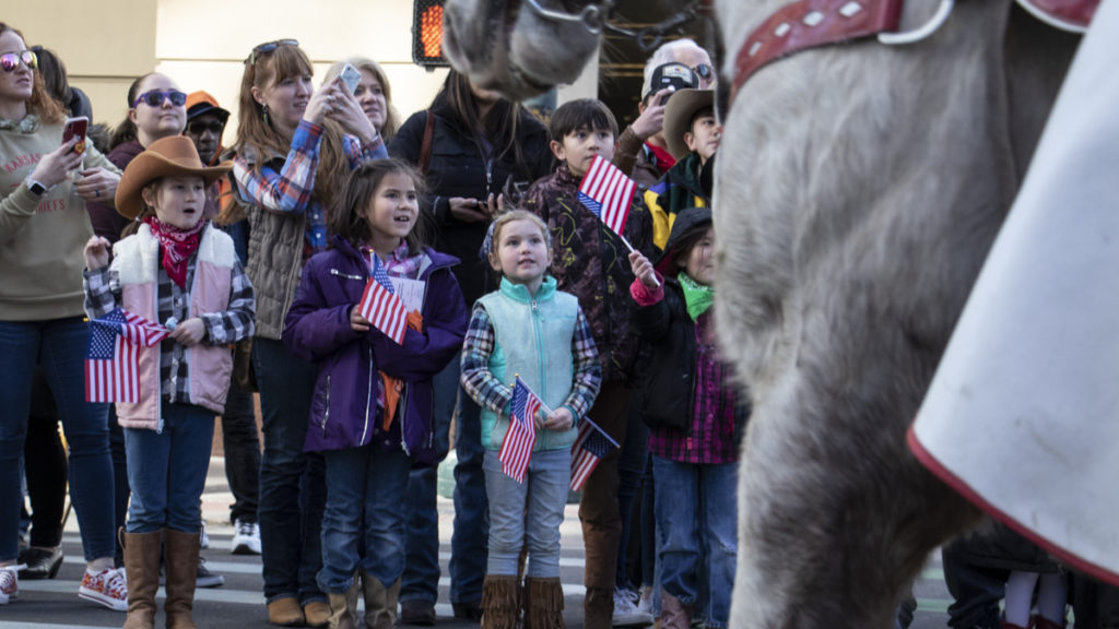 A group of children stares up at horses as they parade down 17th Street during the Western Stock Show opening parade on Jan. 9, 2020. (Lindsay Fendt/Denverite)