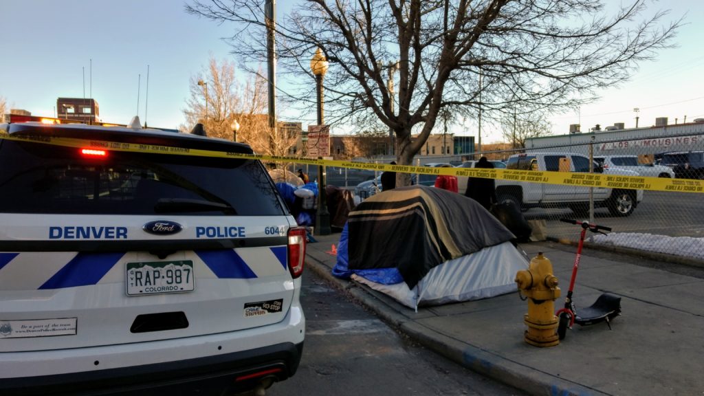 A clean-up was underway this week at an encampment in the 2200 block of Stout Street. (Donna Bryson/Denverite)