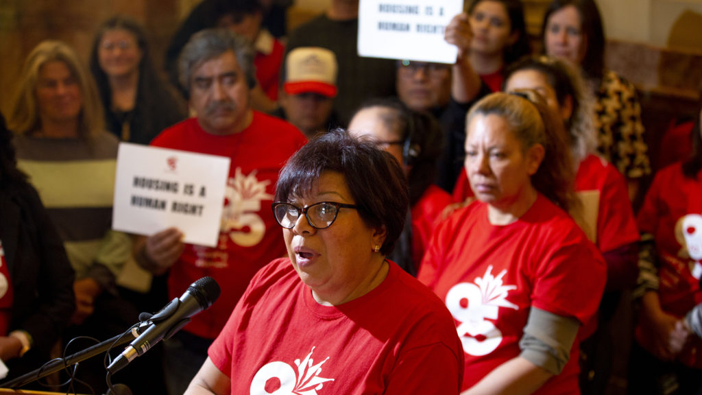 Luz Galicia, a housing organizer with 9 to 5 Colorado who used to live in the Denver Meadows mobile home park, speaks during a press conference on two state bills that could impact mobile home parks. Feb. 19, 2020. (Kevin J. Beaty/Denverite)