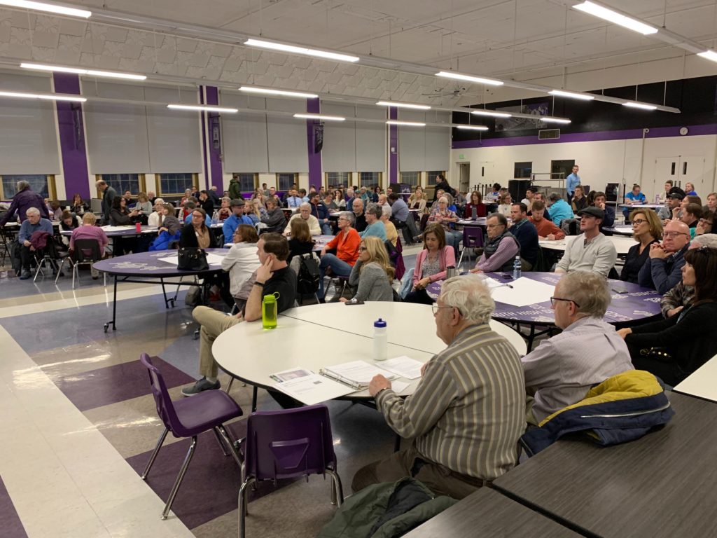A meeting on the Rosedale School future on Thursday, Feb. 27, at South High School in Denver. (Esteban L. Hernandez/Denverite)