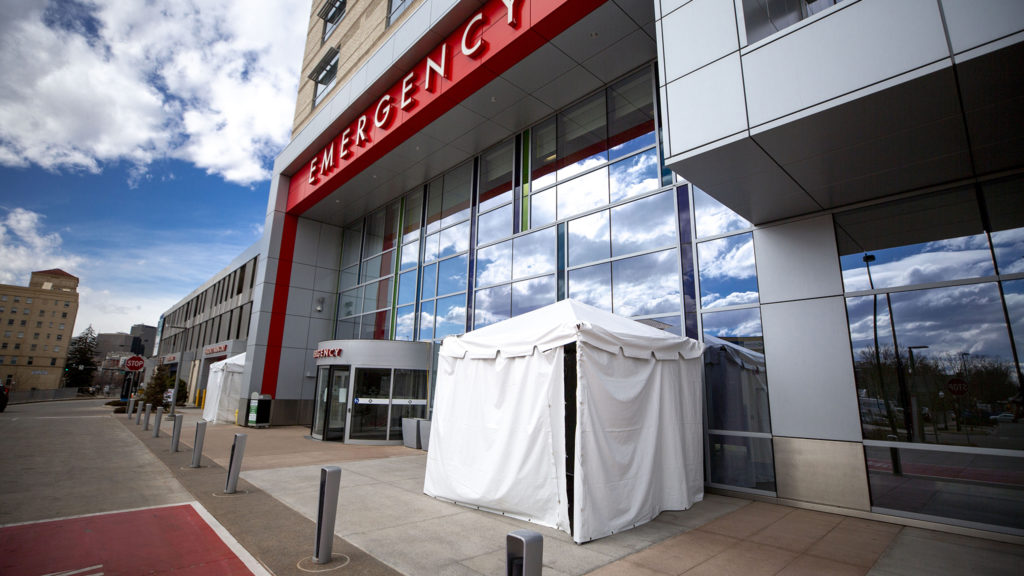Tents outside of St. Joseph Hospital that may become a drive-through testing station for COVID-19, March 10, 2020. (Kevin J. Beaty/Denverite)