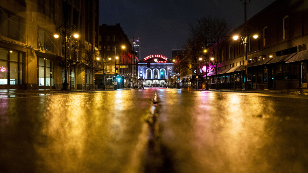 The area around Union Station is empty on a cold, social distancing kind of night. March 27, 2020. (Kevin J. Beaty/Denverite)