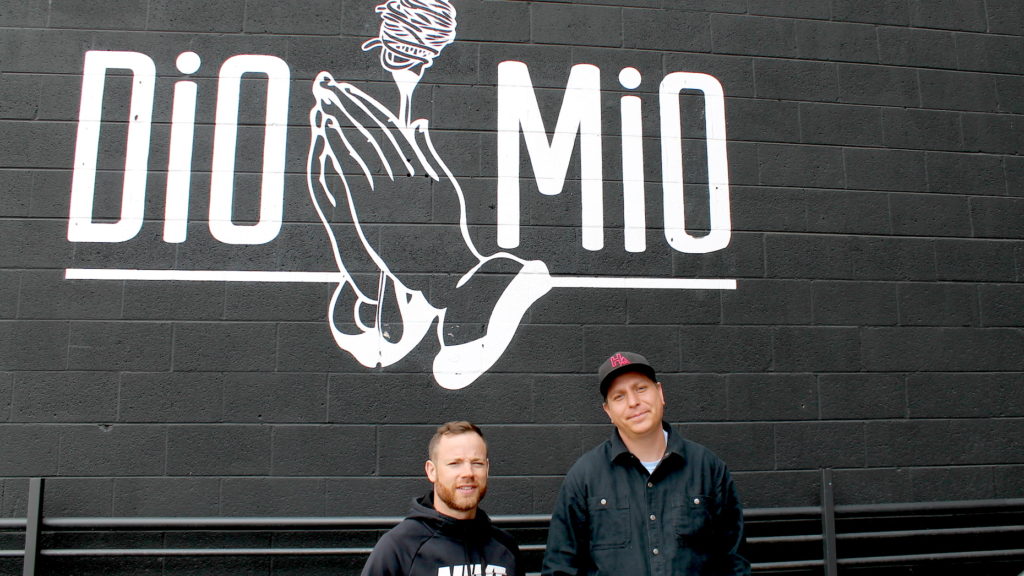 Alex Figura, left, and Spencer White, owners of Dio Mio at 3264 Larimer St. March. 16, 2020. (David Sachs/Denverite)