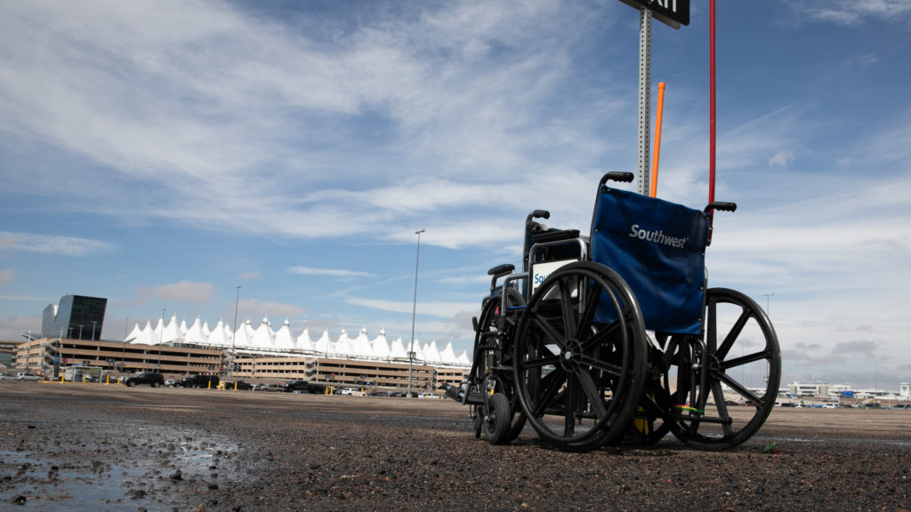 The sparsely occupied East economy parking field at Denver International Airport, which had a noticeably quieter feel Tuesday afternoon, March 17, 2020, during the coronavirus outbreak. (Hart Van Denberg/CPRNews)