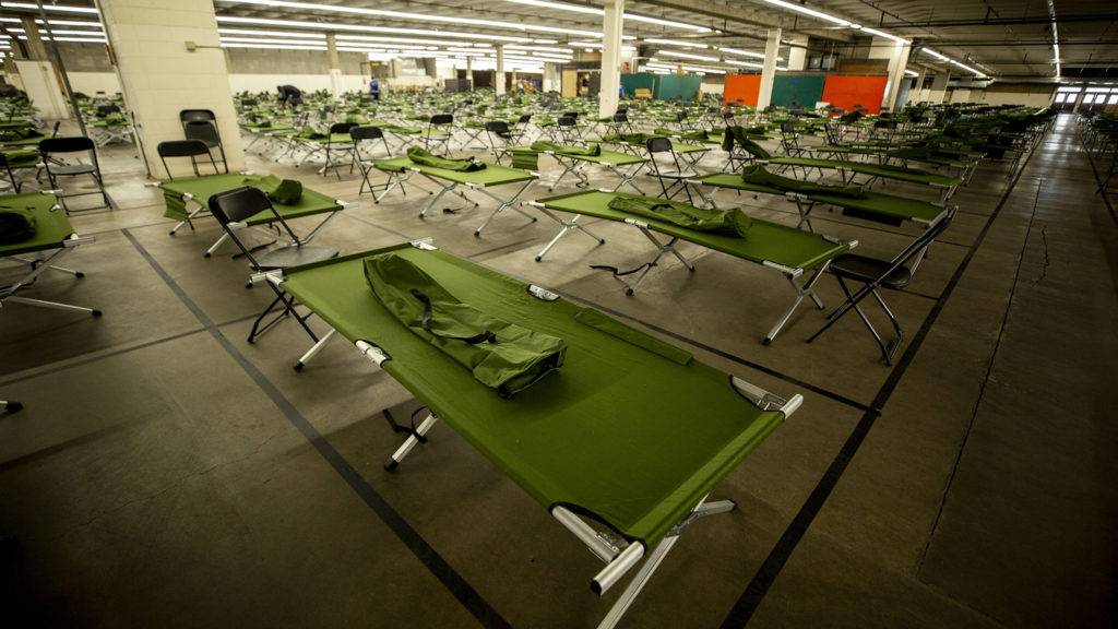 The National Western Center is being set up to become a shelter for unhoused men. April 8, 2020. (Kevin J. Beaty/Denverite)