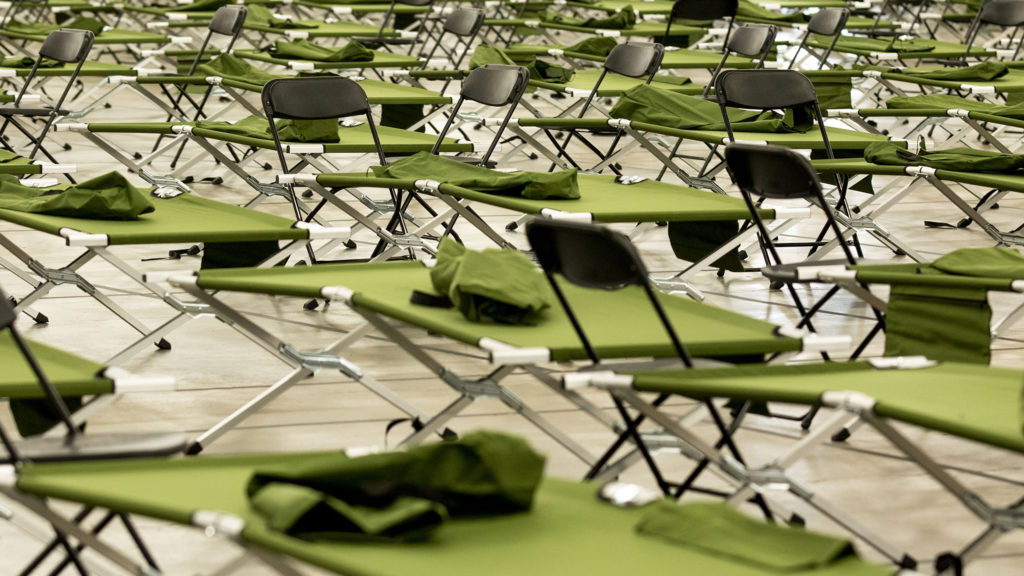 The National Western Center is being set up to become a shelter for unhoused men. April 8, 2020. (Kevin J. Beaty/Denverite)