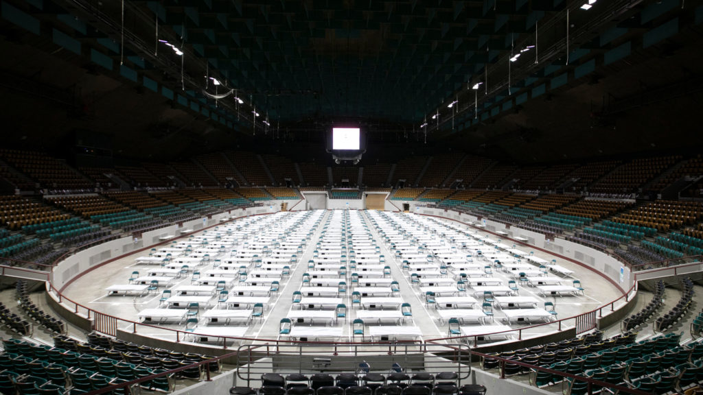 The City of Denver opened a 300-bed women's auxiliary shelter on Monday, April 20, 2020, with plans to run it in the same way as a similar men's shelter at the National Western Complex. Anyone seeking shelter there will be screened for coronavirus symptoms before entering. Once inside they'll have access to cots, portable showers, medical triage and other amenities.