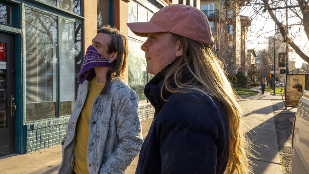 Camille Shortridge, an artist and member of the gallery's board of directors, and Eric Dallimore stand outside the Leon Gallery in City Park West. April 22, 2020. (Kevin J. Beaty/Denverite)