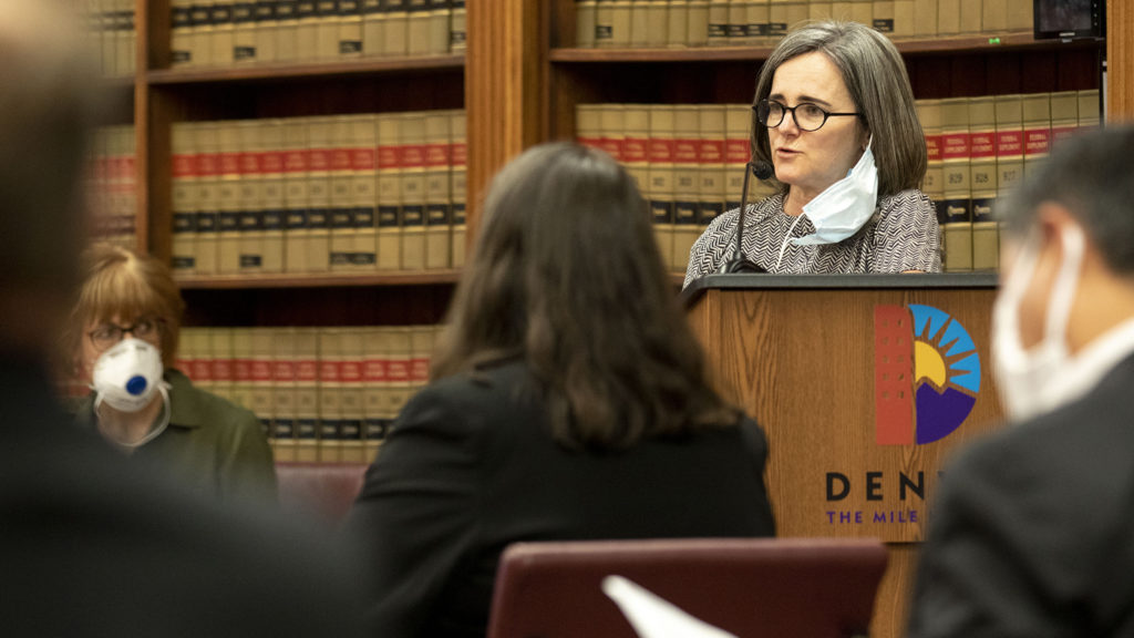 City Attorney Kristin Bronson speaks during a COVID-19 update in the City and County Building's Parr-Widener Room. May 5, 2020. (Kevin J. Beaty/Denverite)