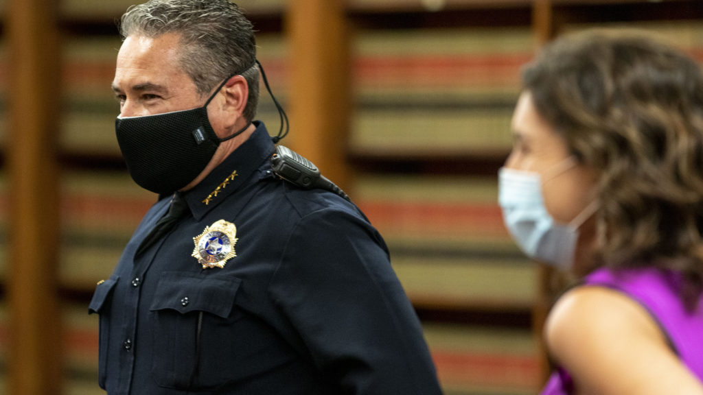 Denver Police Chief Paul Pazen wears a mask in the City and County Building's Parr-Widener Room before a COVID-19 update. May 5, 2020. (Kevin J. Beaty/Denverite)