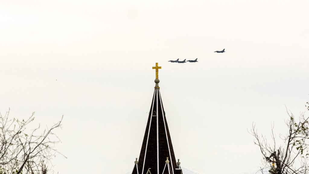 F-16 jets flown by the Colorado Air National Guard pass by Denver Health in a salute to nurses and frontline workers. May 6, 2020. (Kevin J. Beaty/Denverite)
