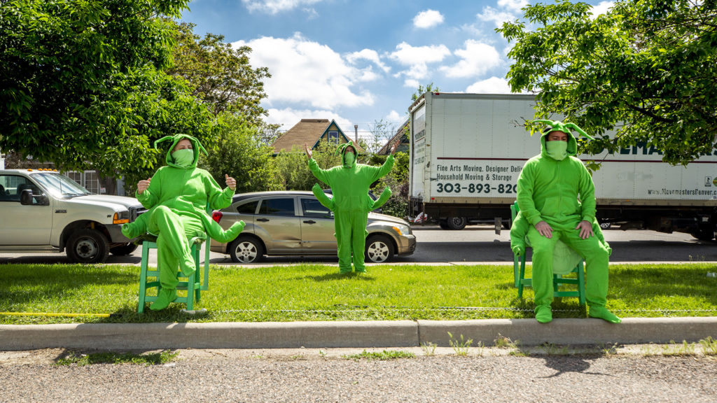 Erin Rollman (left to right), Erik Edborg and Brian Colonna are part of Buntport Theater's The Grasshoppers, a play you can watch from your car. May 28, 2020. (Kevin J. Beaty/Denverite)