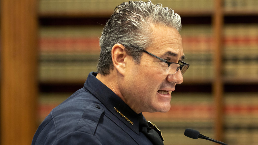 Denver Police Chief Paul Pazen addresses the city about protests following the killing of George Floyd. May 29, 2020. (Kevin J. Beaty/Denverite)