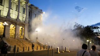 Tear gas from Denver Police officers' offensive on protesters floats east over the Capitol. May 29, 2020. (Kevin J. Beaty/Denverite)
