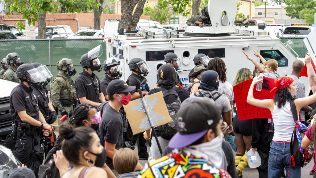 Protesters surround Denver Police District Six headquarters on day three of actions reacting to the killing of George Floyd. May 30, 2020. (Kevin J. Beaty/Denverite)