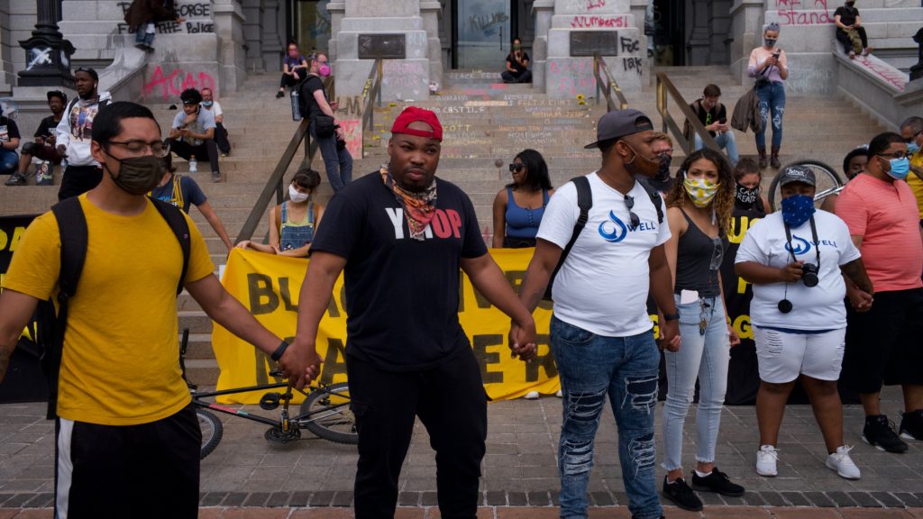 Protesters at the Capitol building in Denver on Sunday, May 31, 2020.