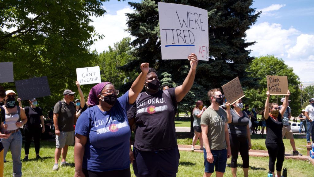 Protesters gather near the Capitol building in Denver on Sunday, May 31, 2020.