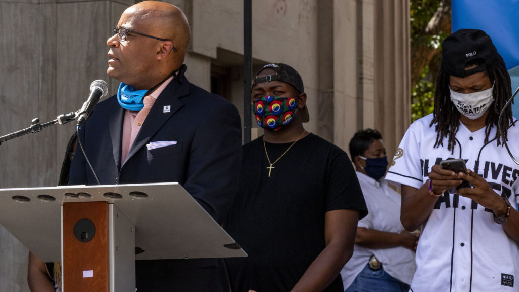 Mayor Hancock hosts a memorial to George Floyd at Civic Center Park's Greek Amphiteatre. June 4, 2020. (Kevin J. Beaty/Denverite)