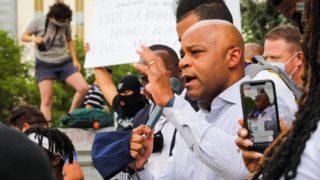 Denver Mayor Michael Hancock addresses demonstrators protesting police brutality on the state Capitol steps on Wednesday, June 3, 2020. (Hart Van Denburg/CPR News)