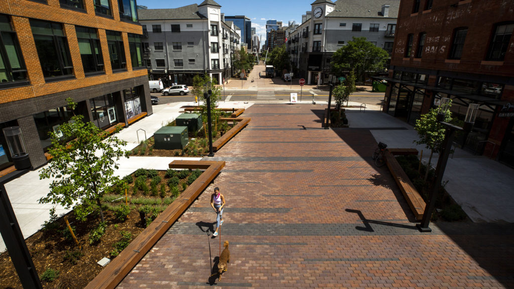 The Platte Street Plaza in Highland is complete. July 8, 2020. (Kevin J. Beaty/Denverite)