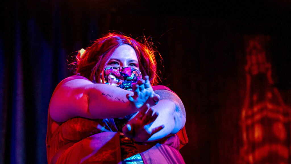 Kimberly Parker (AKA Parker Go Peep) performs behind a mask during the Clocktower Cabaret's pandemic-appropriate show. July 17, 2020.
