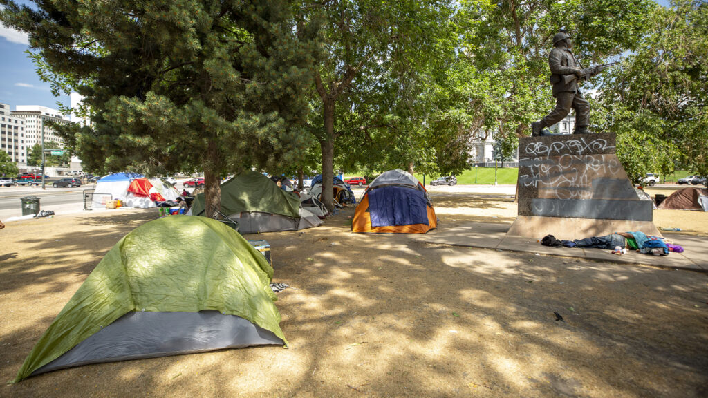 An encampment at Lincoln Park at Lincoln Street and Colfax Avenue. July 17, 2020.
